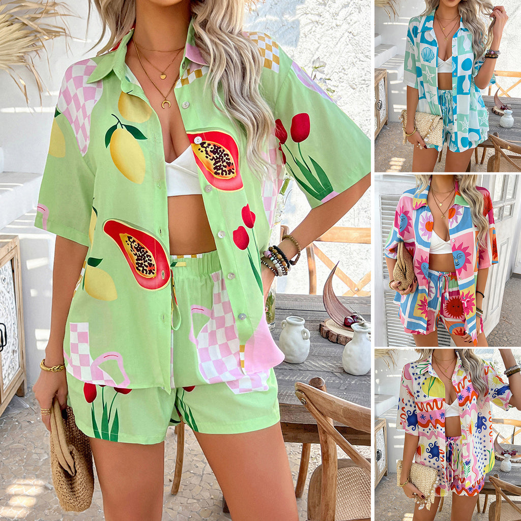 Two-panel view of printed short pants sets: green fruit and multicolor abstract styles