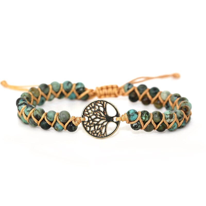 Green stone beaded wrap bracelet with tree of life round charm and adjustable cord ties.