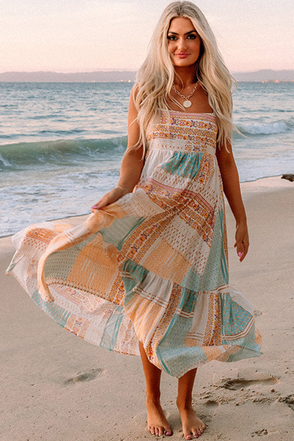 Multicolor boho square-neck sundress with patchwork pattern and flowing tiers