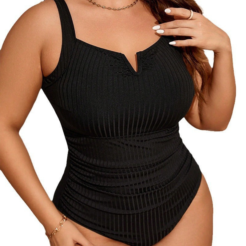 Black tummy-control one-piece swimsuit with square neck and wide straps