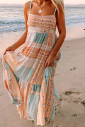 Multicolor boho square-neck sundress with patchwork tiers and thin straps