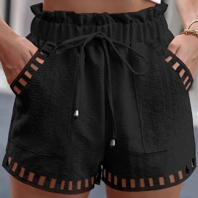 Cotton-linen beach shorts, black with scalloped stitched hem and elastic drawstring waist