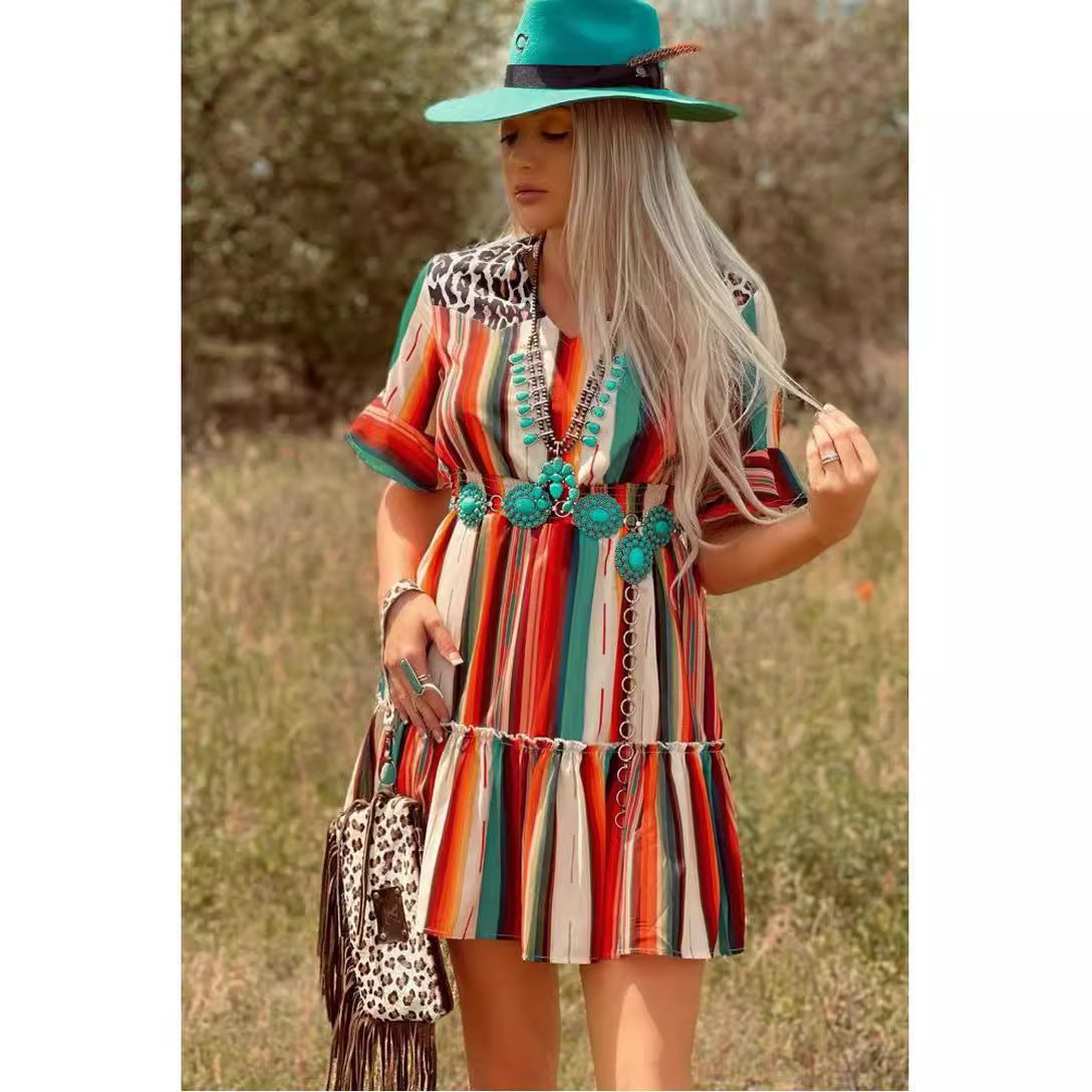 Colorful vertical striped pleated flared short-sleeve dress with tiered skirt