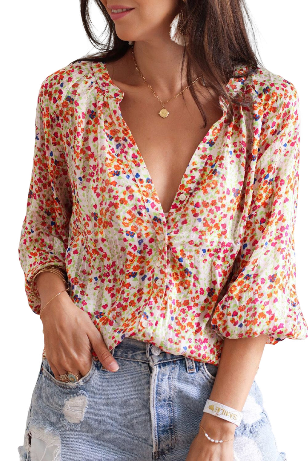 Multicolor floral button-front blouse with V-neck and elastic puff sleeves