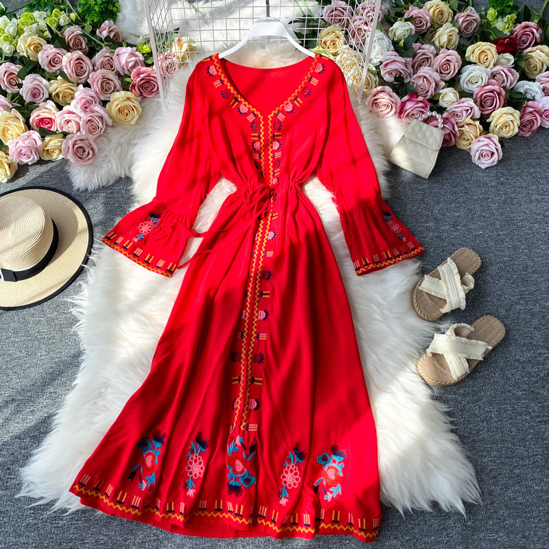 Embroidered Flare-Sleeve Travel Dress