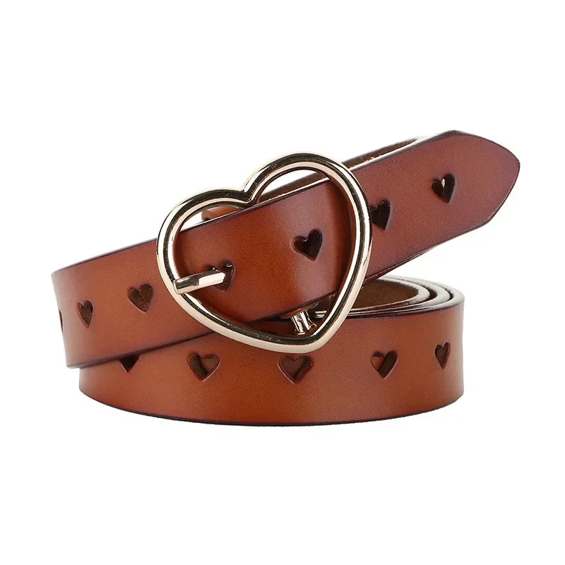 Genuine leather women's belt with heart buckle and small heart studs, brown