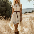 Beige sleeveless lace hollow-out summer dress with brown belt and layered high-low hem