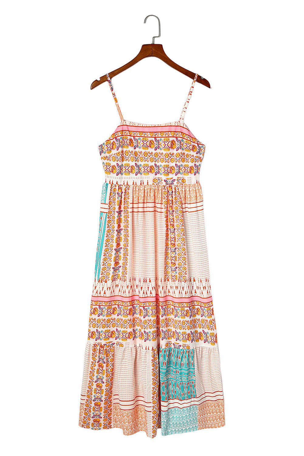 Patchwork square-neck sundress on hanger, peach with orange and turquoise tiered print