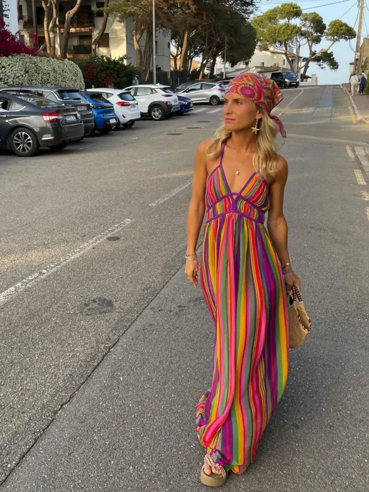 Women Striped Printed Backless Off Shoulder Maxi Dress Female V Neck Sleeveless Boho Dresses  Summer Lady Beach Holiday Robe