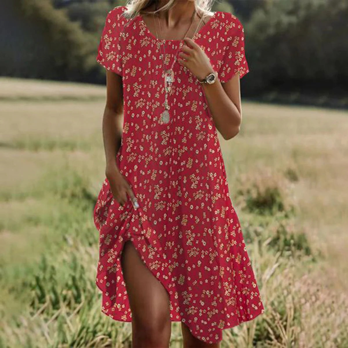 Red floral bohemian summer dress, round neck, short sleeves, mid-length with side slit