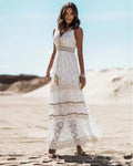 White boho lace swing maxi dress with V-neckline and scalloped tiered layers