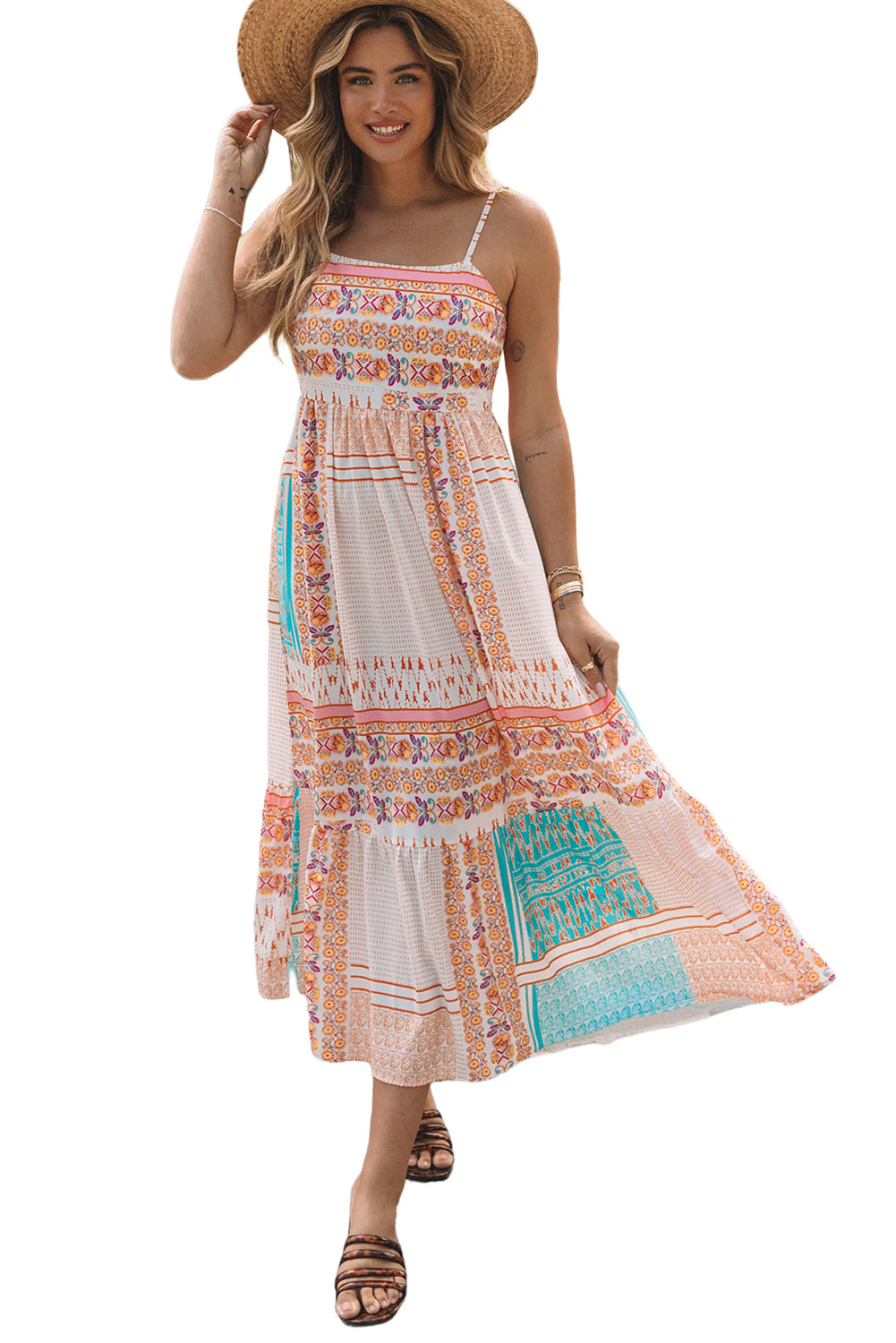 Multicolor boho patchwork square-neck tiered sundress with spaghetti straps