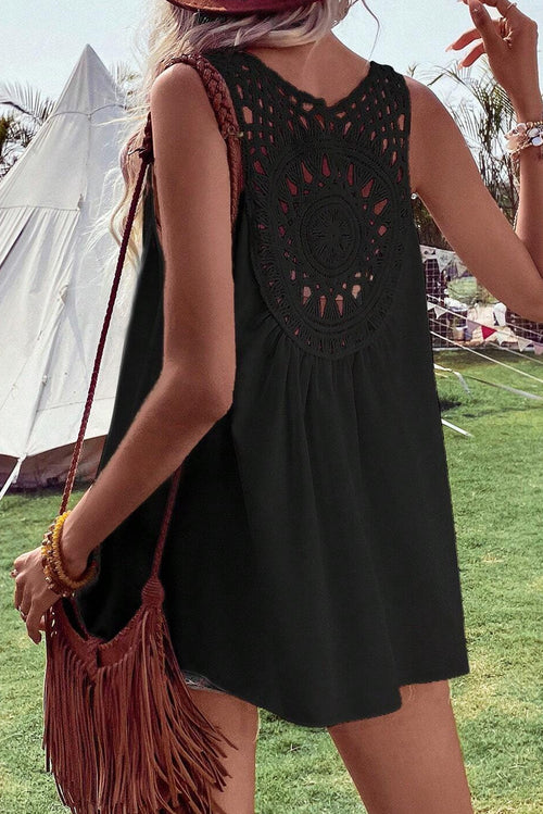Black sleeveless boho tunic with crochet patch yoke and short babydoll silhouette