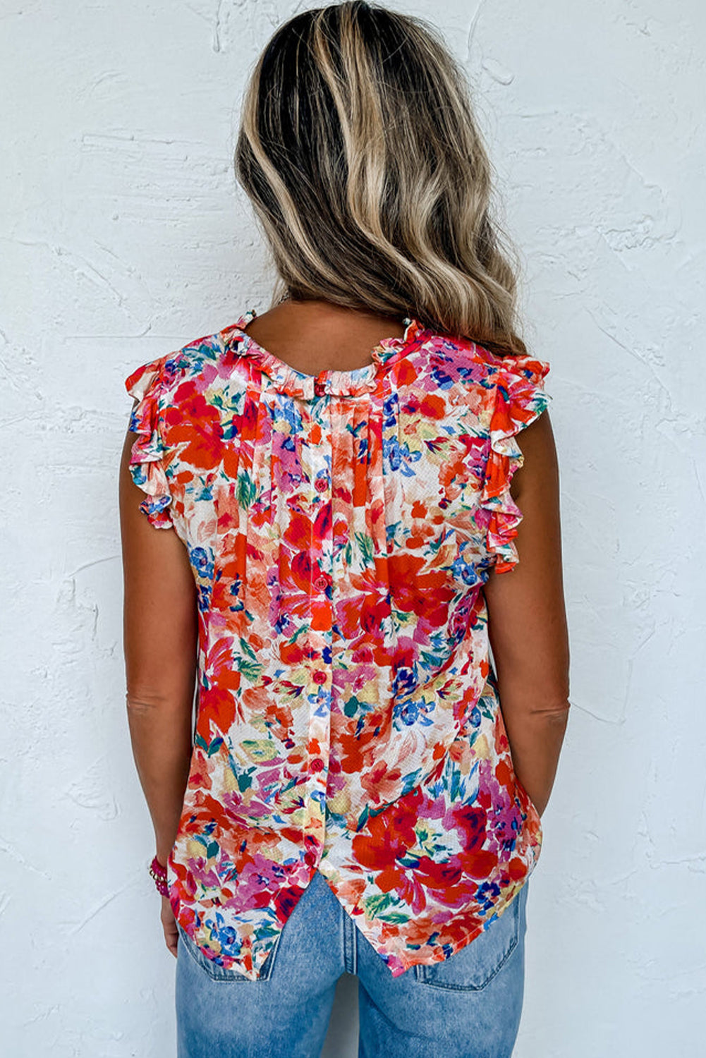 Back view of red floral boho tank top with frilled cap sleeves