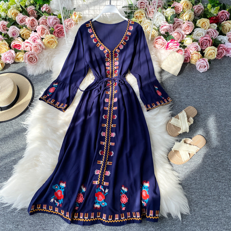 Embroidered Flare-Sleeve Travel Dress