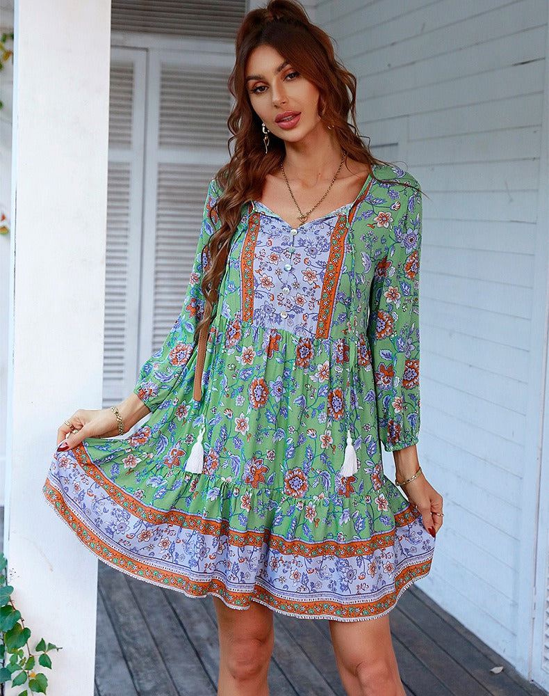 Resort one-piece dress, green floral print, V-neck, long puff sleeves, tiered hem