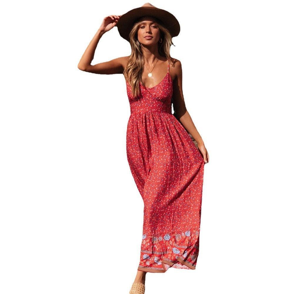 Red floral boho maxi dress with scoop neckline and flowy skirt