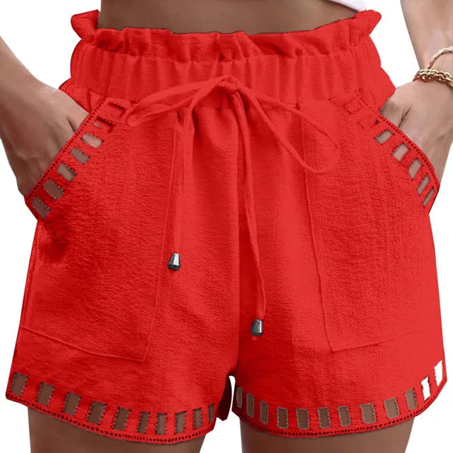 Cotton-linen beach shorts, red with elastic drawstring waist and side pockets