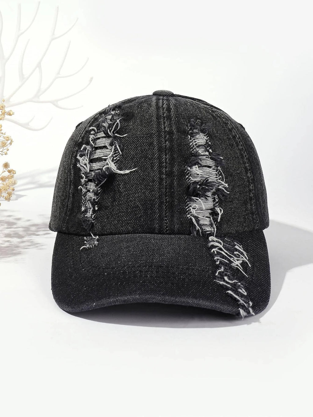 Black washed distressed baseball cap with white stitched logo