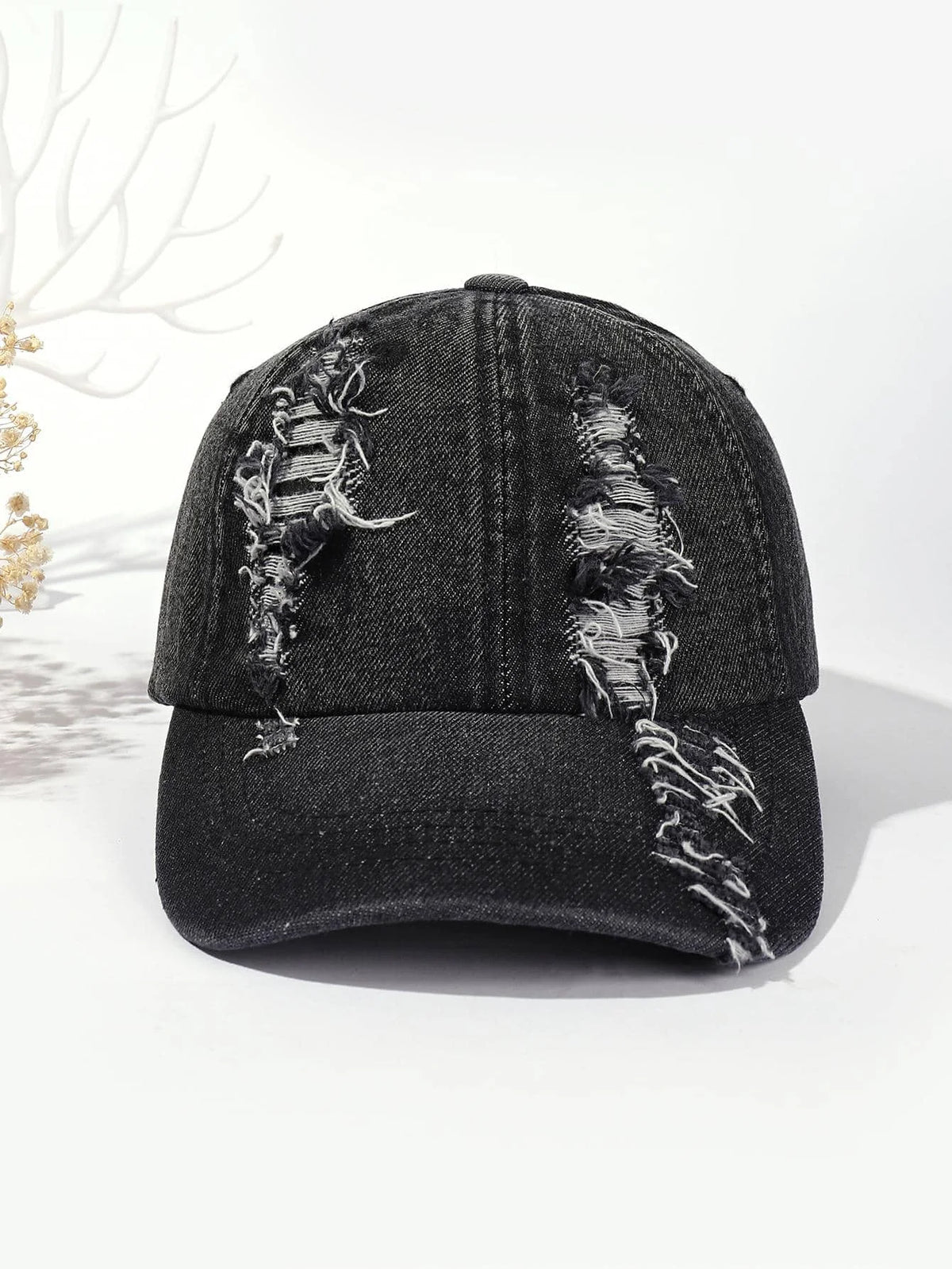 Black washed distressed baseball cap with white stitched logo