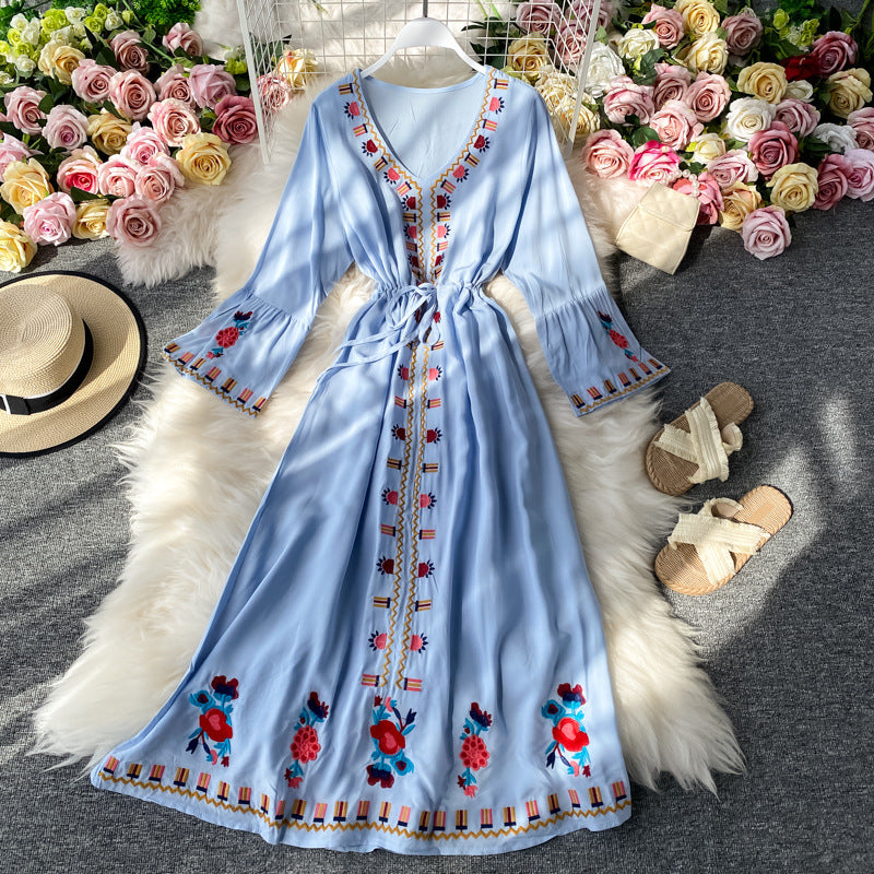 Embroidered Flare-Sleeve Travel Dress