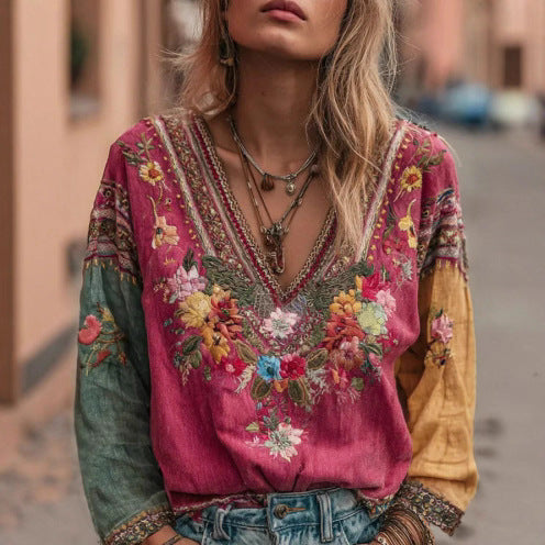 Rose red embroidered v-neck boho blouse with long sleeves and floral yoke detail
