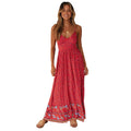 Red floral boho maxi dress with spaghetti straps and tiered hem