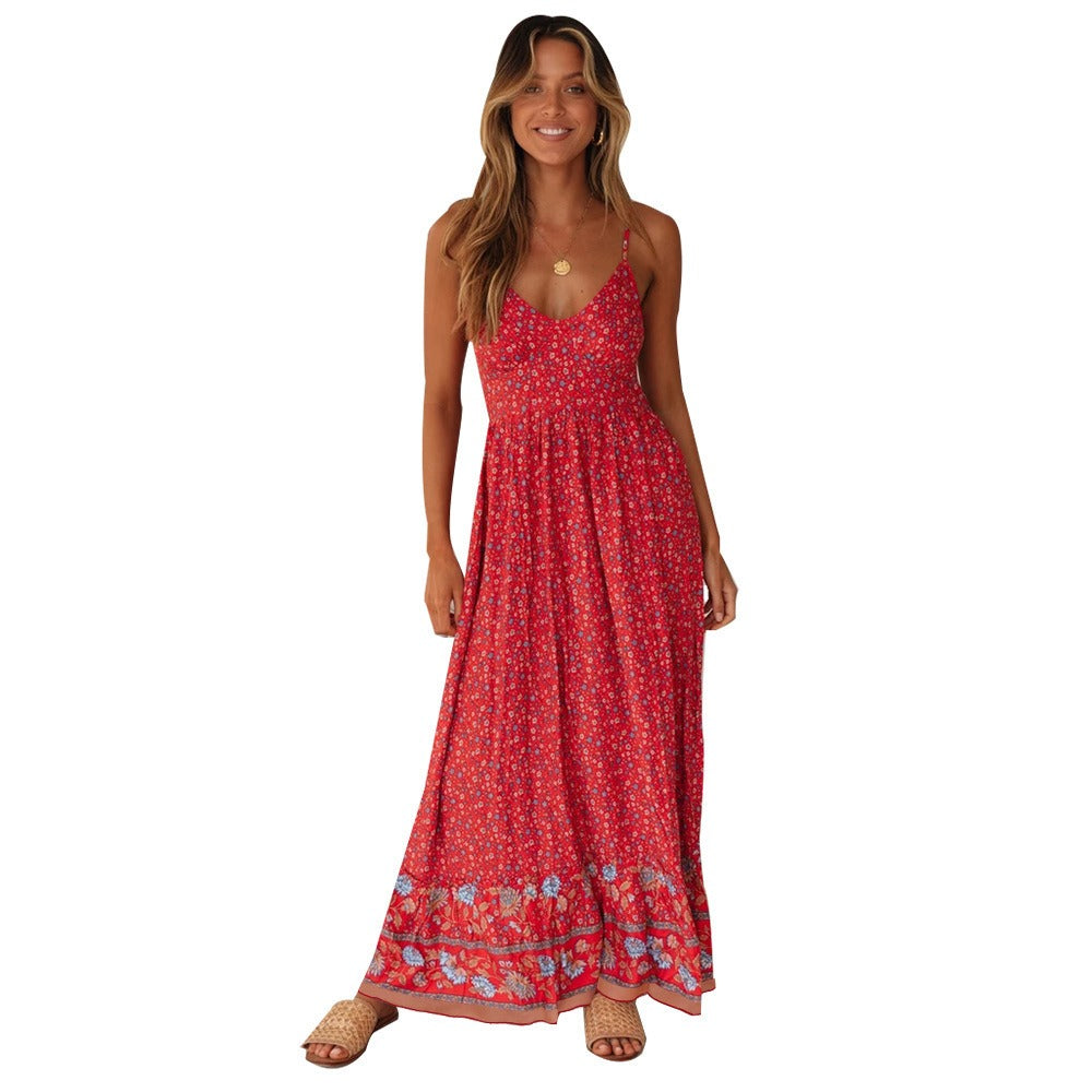 Red floral boho maxi dress with spaghetti straps and tiered hem