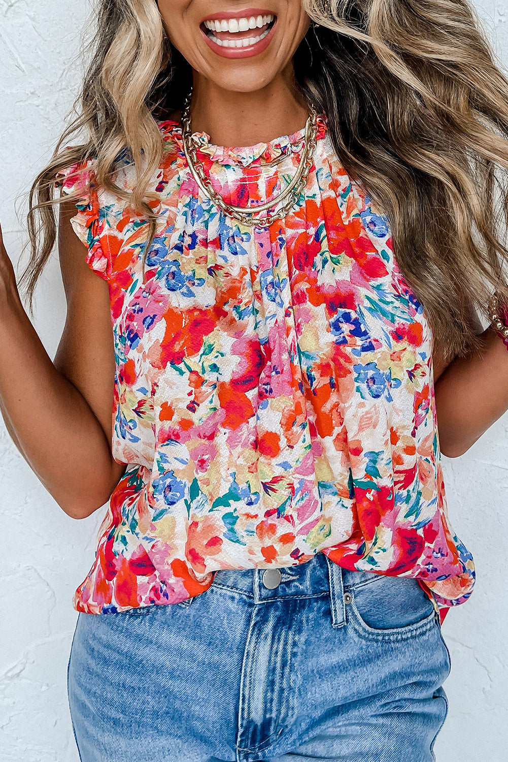 Red floral boho tank top with frilled neckline and pleated bodice