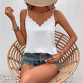 White fitted V-neck tank top with scalloped neckline and spaghetti straps
