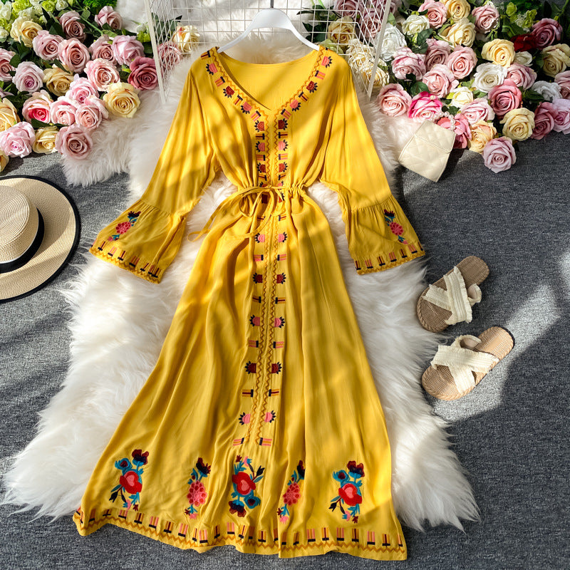 Embroidered Flare-Sleeve Travel Dress
