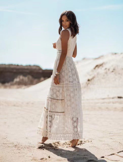 White boho lace swing maxi dress, sleeveless with V-neck and flowing layered skirt