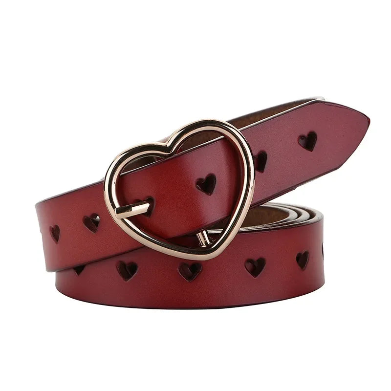 Genuine leather women's belt with heart buckle and heart stud pattern, burgundy