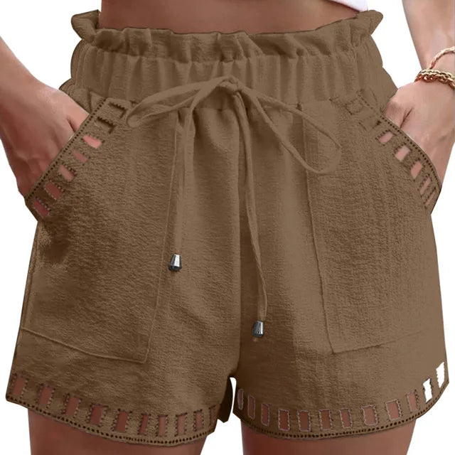 Cotton-linen beach shorts, tan with elastic drawstring waist and side pockets