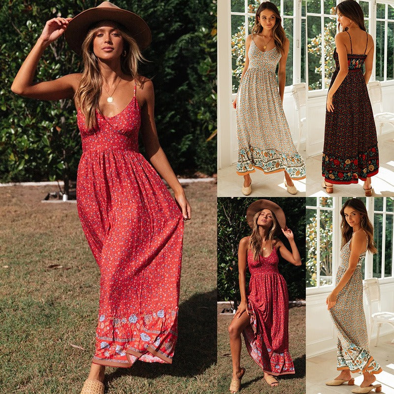 Floral boho maxi dress in red and cream, shown front and back