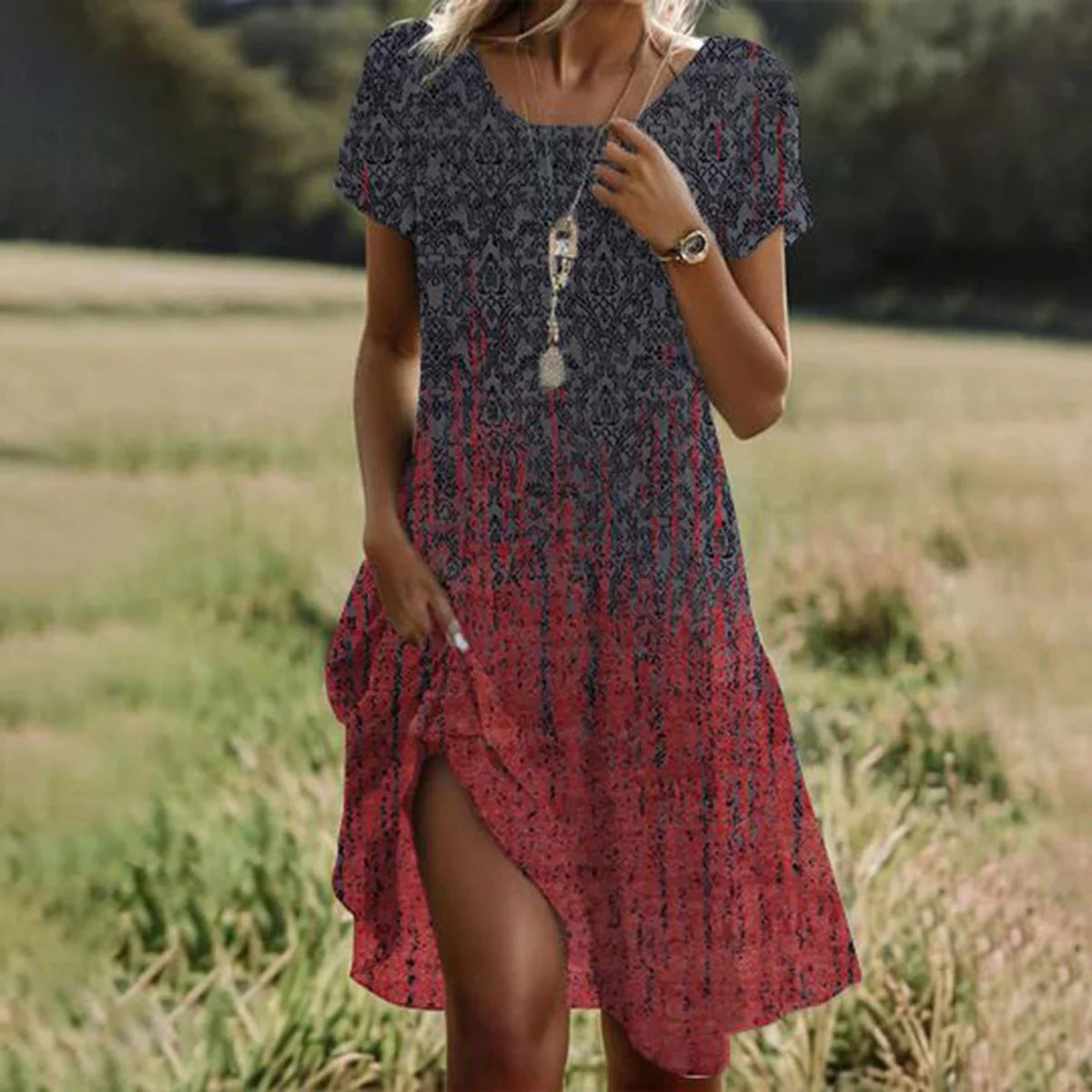 Charcoal and red patterned bohemian summer dress, round neck, short sleeves, mid-length
