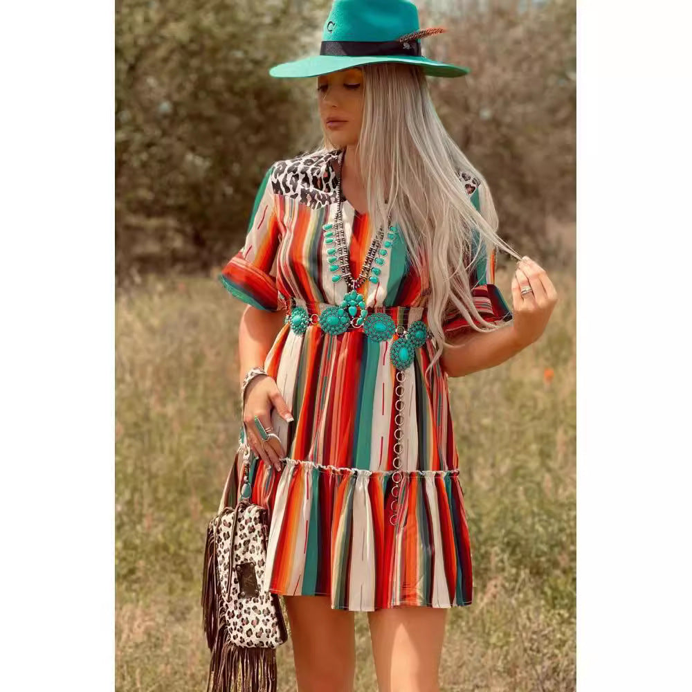 Colorful vertical striped pleated flared short-sleeve dress with turquoise trim