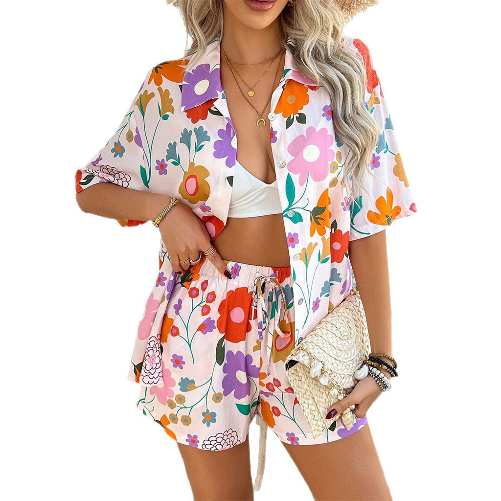 Floral printed short pants set with open button shirt and matching drawstring shorts