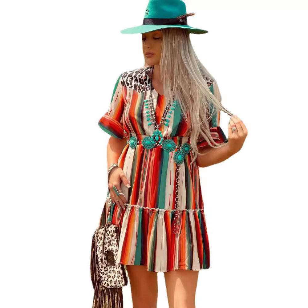 Colorful vertical striped pleated flared short-sleeve dress with turquoise trim