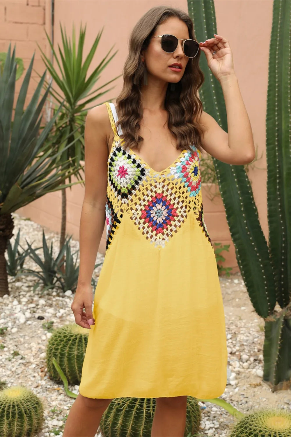 Yellow sleeveless V-neck boho crochet beach cover-up dress with colorful diamond neckline