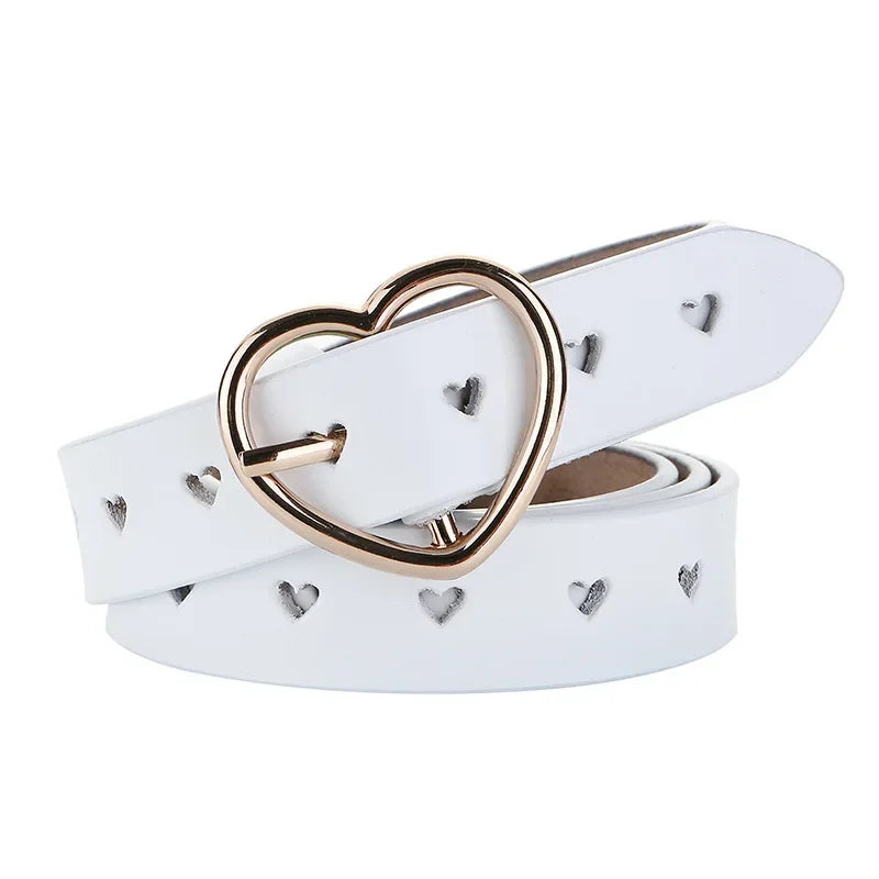 Genuine leather women's belt with heart buckle and small heart studs, white