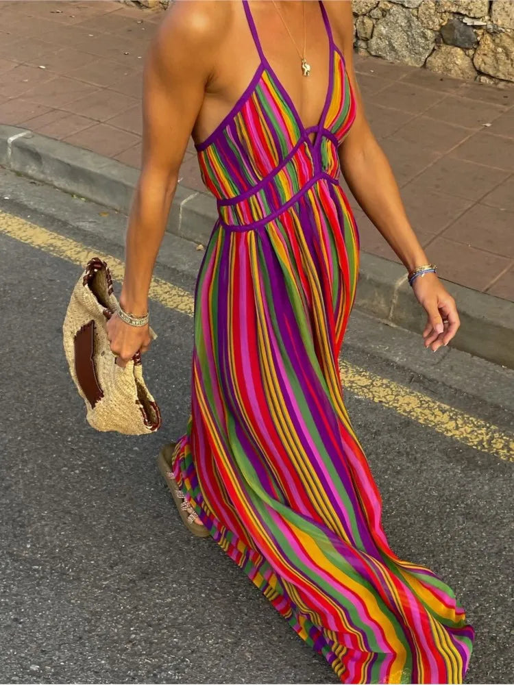 Women Striped Printed Backless Off Shoulder Maxi Dress Female V Neck Sleeveless Boho Dresses  Summer Lady Beach Holiday Robe