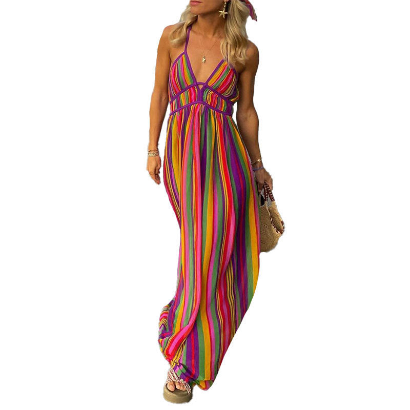 Women Striped Printed Backless Off Shoulder Maxi Dress Female V Neck Sleeveless Boho Dresses  Summer Lady Beach Holiday Robe