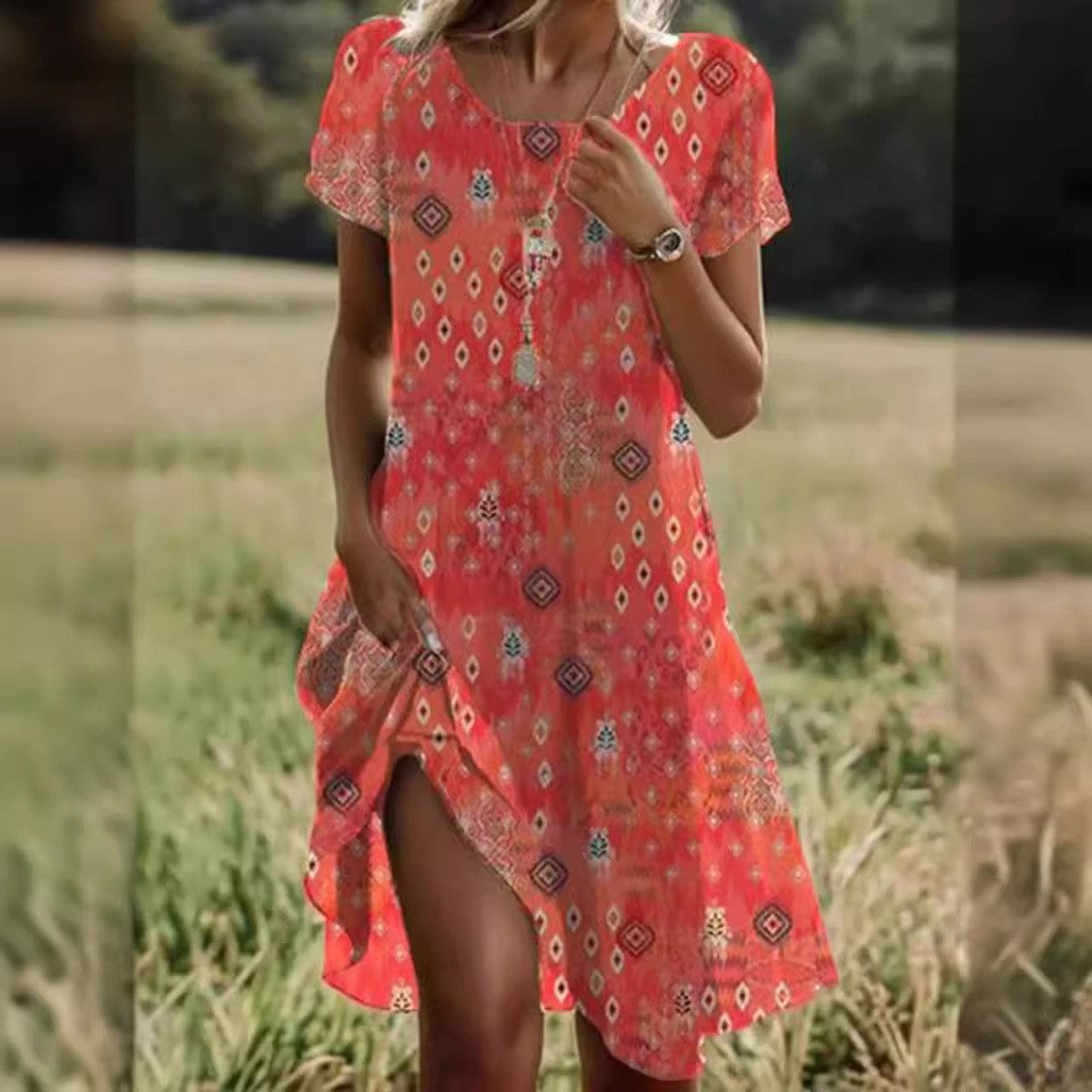 Coral red geometric bohemian summer dress, round neck, short sleeves, mid-length side slit