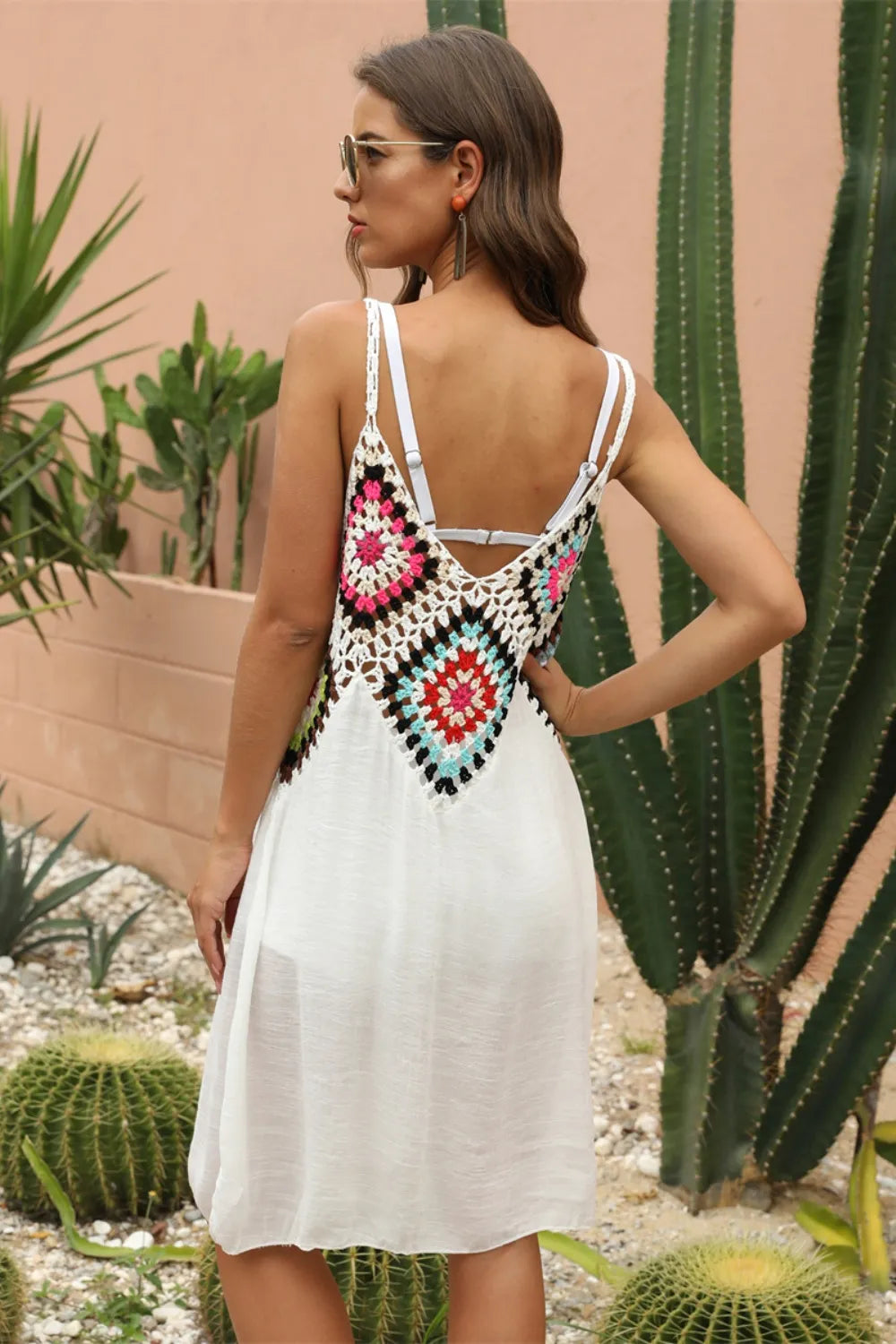 White crochet beach cover-up with open back and multicolor diamond appliques