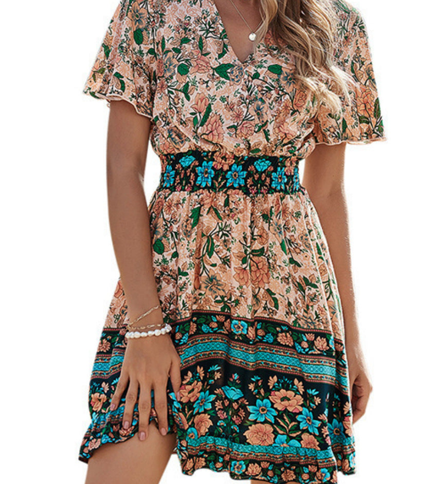 Women's boho V-neck short-sleeve dress with floral print, cinched waist, teal trim