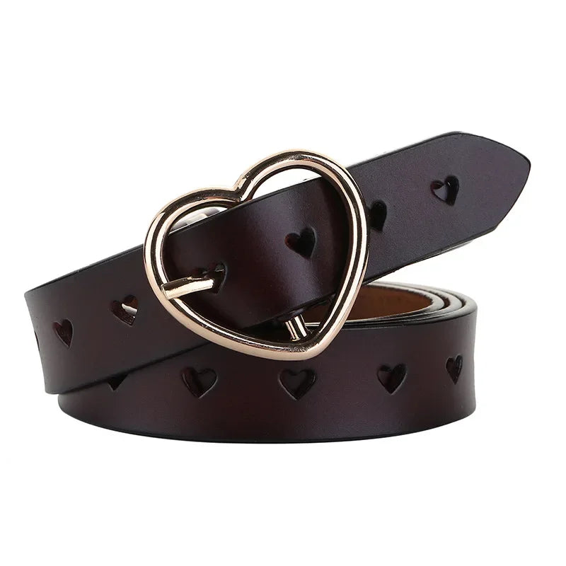 Genuine leather women's belt with heart buckle and heart studs, dark brown