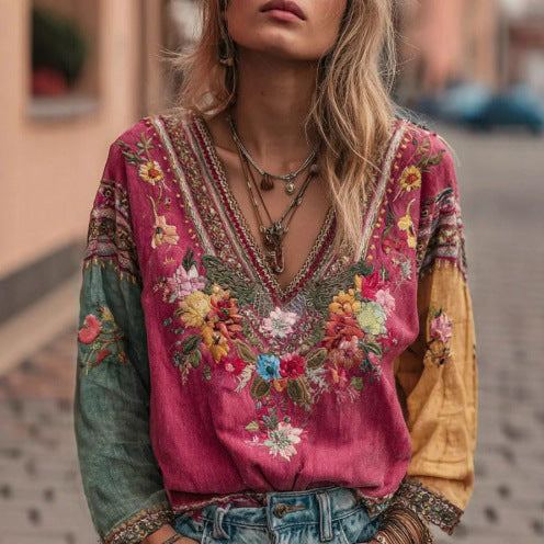 Rose red embroidered v-neck blouse with colorful floral panel and layered trim