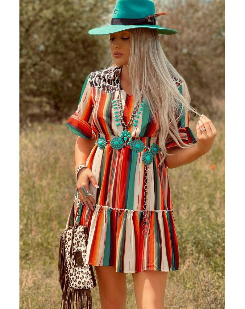 Colorful vertical striped pleated flared short-sleeve dress with turquoise trim