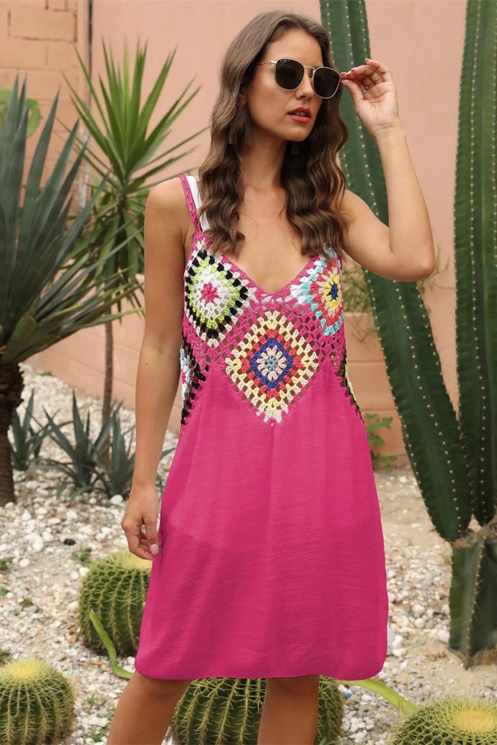 Pink crochet beach cover-up dress with multicolor heart yoke and spaghetti straps